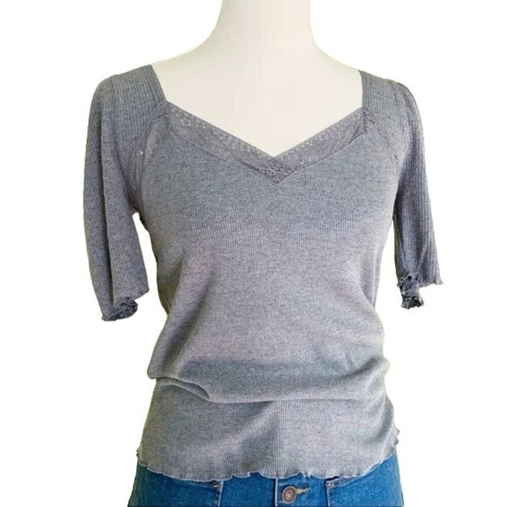Free People Margaux Charcoal Gray Ribbed Blouse - Picture 5 of 8